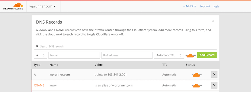 Cloudflare DNS settings page example Cloudflare DNS settings page example