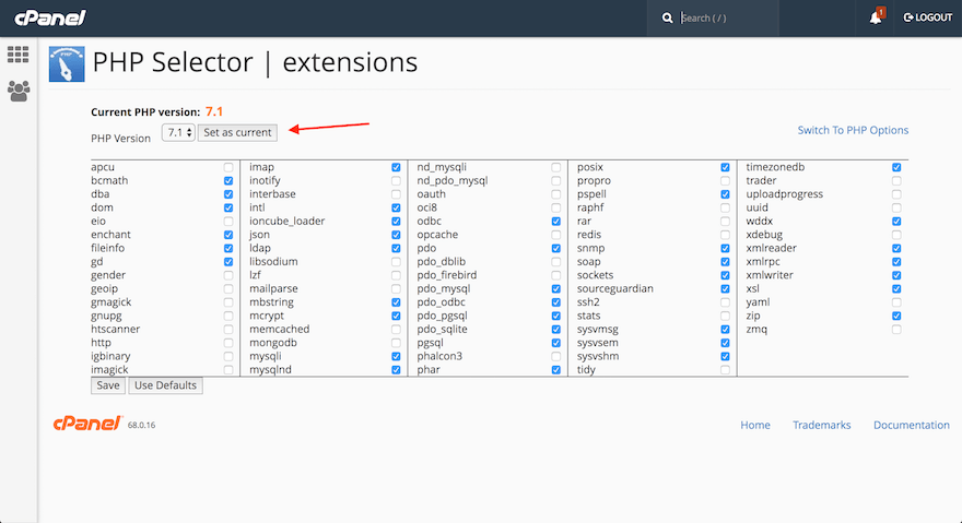 cPanel PHP version selector example cPanel PHP version selector example