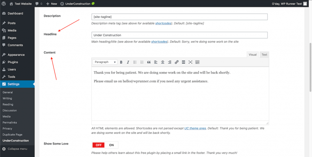 WordPress coming soon and under construction page settings